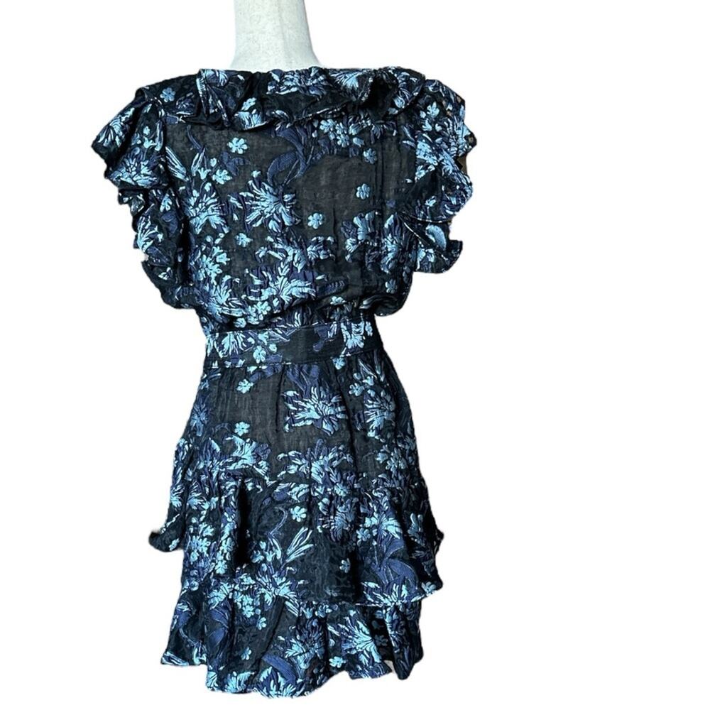 Elliatt Blue Floral Jacquard Ruffle Mini Dress Belted Puff Sleeve Size L - Picture 4 of 10